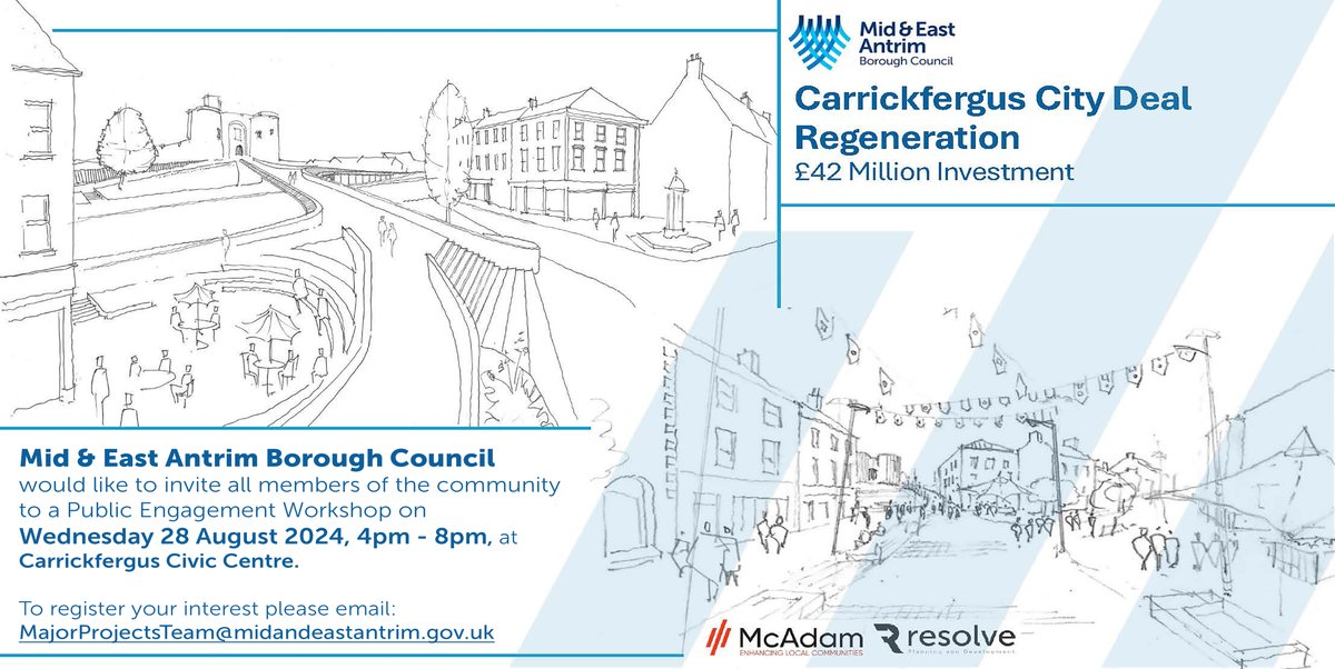Carrickfergus City Deal Regeneration - Public Engagement Workshop

📅 Wednesday 28 August 2024
🕓 4pm - 8pm - Drop-in any time!
📌 Carrickfergus Civic Centre

🔗 To register your interest email: majorprojectsteam@midandeastantrim.gov.uk

#BRCityDeal #CarrickfergusRegeneration