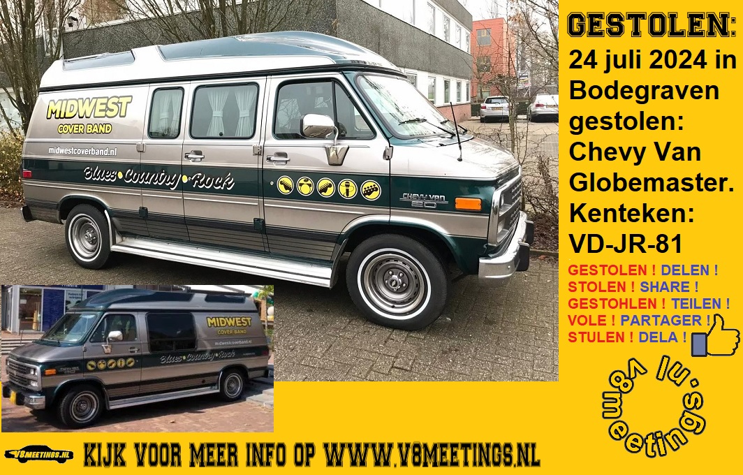 v8meetings's tweet photo. 24 juli 2024 in Bodegraven gestolen en helaas pas 15 augustus ontdekt: Chevy Van Globemaster uit 1994 met kenteken VD-JR-81.
DELEN !! https://t.co/QjadYZL54C