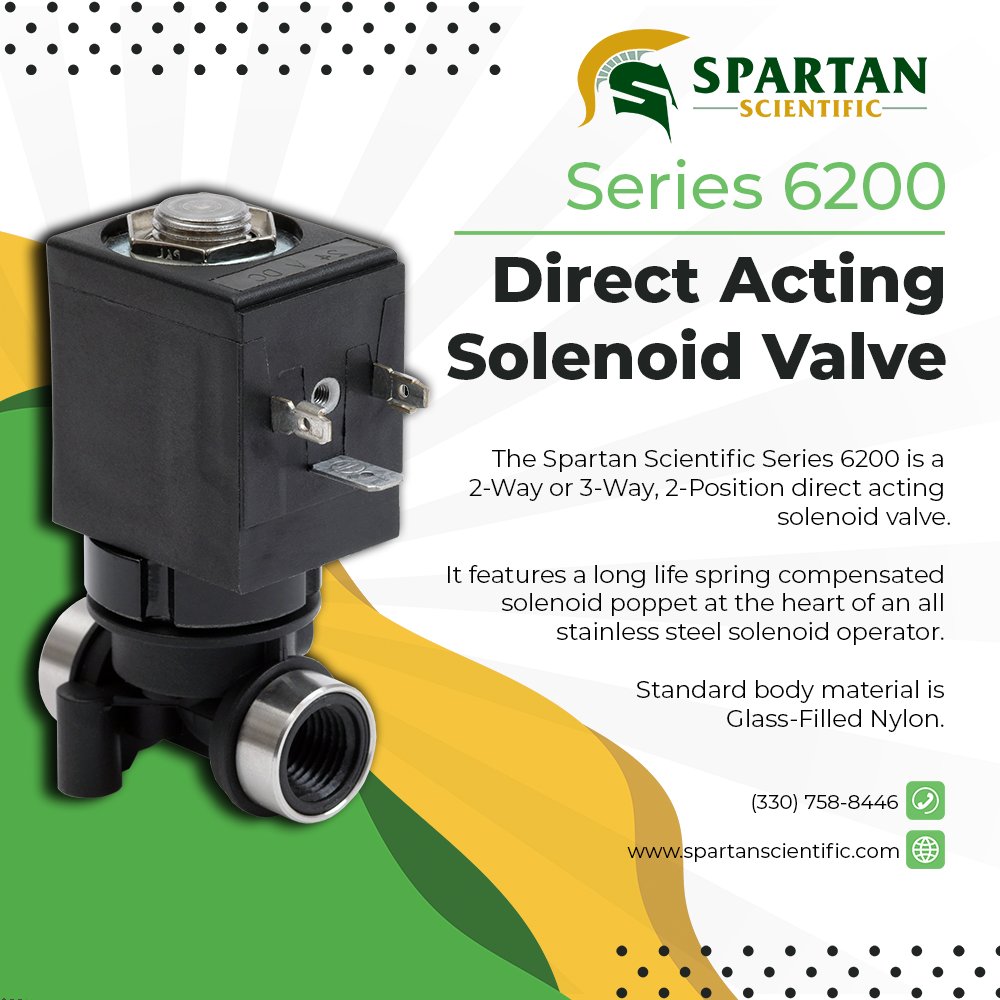 SparSci's tweet photo. Make sure your machine equipment is A+! ✏️

Our Series 6200 Direct Acting Solenoid Valve has versatility unlike any other of its class. It can be used with air, water, gases, chemicals, and many other types of media. Like all of Spartan Scientific's products, the Series 6200 allows for complete customization and can be used across many different industries.

To learn more about our Series 6200 and all Direct Acting Solenoid Valves, visit our website: https://t.co/3BLpFBJnty