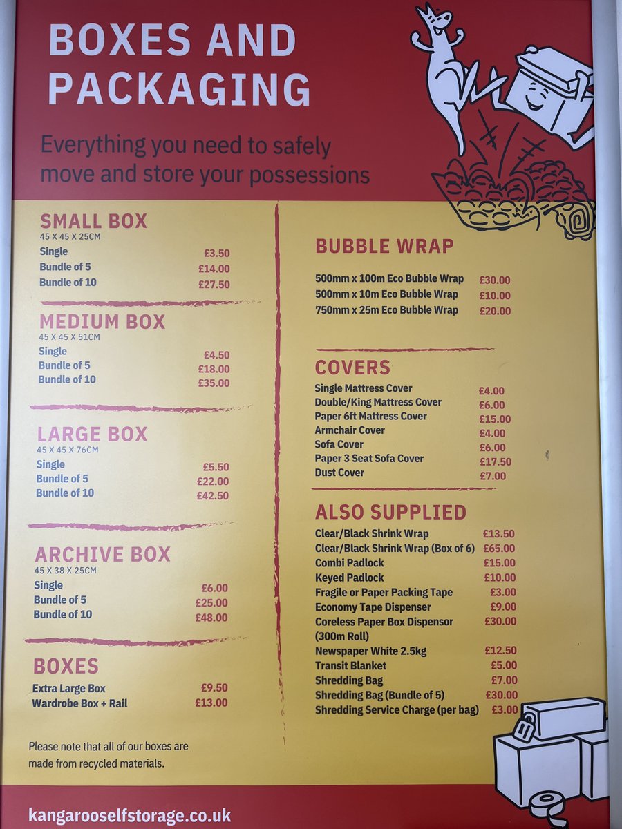 Are you planning a house move or doing a bit of re-organising/decluttering ?

Then why not hop on down to store and have a look at our box shop!  Boxes to fit the small items upto the large items.  🦘

#kangarooselfstorage