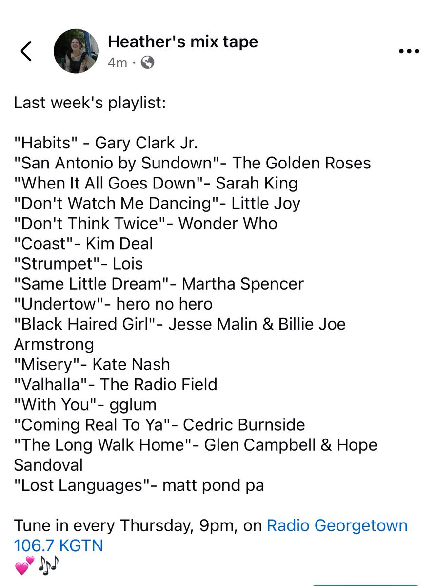 heather’s mix tape (@heathersmixtape) on Twitter photo Last week featured: <a href="/GaryClarkJr/">Gary Clark Jr</a>, <a href="/TheGoldenRoses2/">John Mutchler</a>, <a href="/SarahKingSings/">Sarah King</a>, <a href="/jesse_malin/">Jesse Malin</a>, <a href="/billiejoe/">Billie Joe Armstrong</a>, <a href="/katenash/">Kate Nash</a>, <a href="/theradiofield/">The Radio Field</a>, <a href="/gglum_/">smella</a>, <a href="/CBurnside_BCR/">Cedric Burnside</a>, <a href="/GlenCampbell/">Glen Campbell</a>, <a href="/mattpondpamusic/">Matt Pond PA</a> & more! Tune in Thursdays, 9pm, on <a href="/KGTNGeorgetown/">KGTN Radio</a> 💕🎶 Last week featured: <a href="/GaryClarkJr/">Gary Clark Jr</a>, <a href="/TheGoldenRoses2/">John Mutchler</a>, <a href="/SarahKingSings/">Sarah King</a>, <a href="/jesse_malin/">Jesse Malin</a>, <a href="/billiejoe/">Billie Joe Armstrong</a>, <a href="/katenash/">Kate Nash</a>, <a href="/theradiofield/">The Radio Field</a>, <a href="/gglum_/">smella</a>, <a href="/CBurnside_BCR/">Cedric Burnside</a>, <a href="/GlenCampbell/">Glen Campbell</a>, <a href="/mattpondpamusic/">Matt Pond PA</a> & more! Tune in Thursdays, 9pm, on <a href="/KGTNGeorgetown/">KGTN Radio</a> 💕🎶