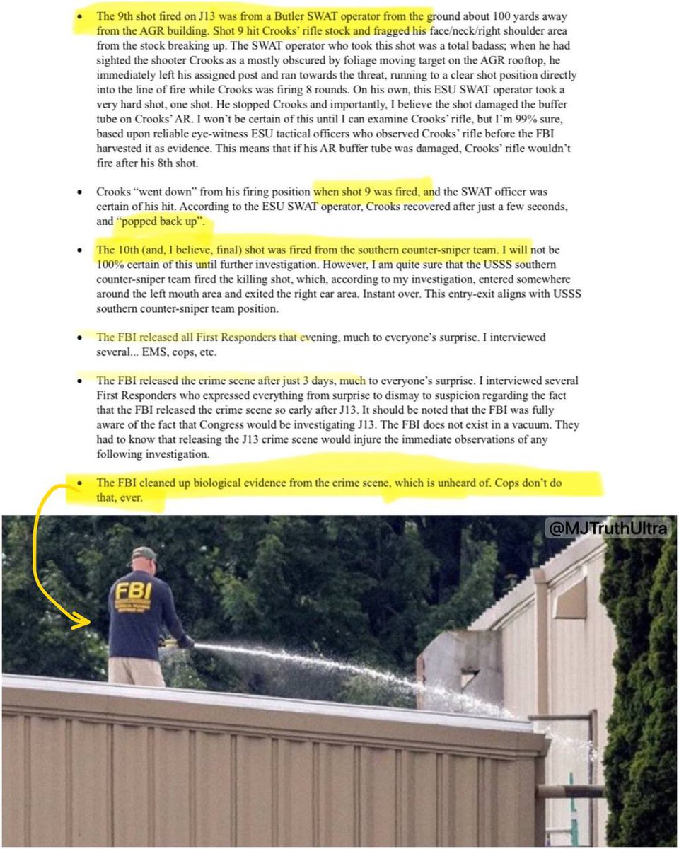 BOMBSHELL: Trump Assassination Attempt

10 Shots were Fired in Total and the FBI Cleaned up Biological Evidence from the Crime Scene — “COPS DON’T DO THAT EVER!”

• According to rep Higgins, Shot 9 was taken by a ‘Swat Operator’ 100 Yards away
—— when he saw Crook’s moving on