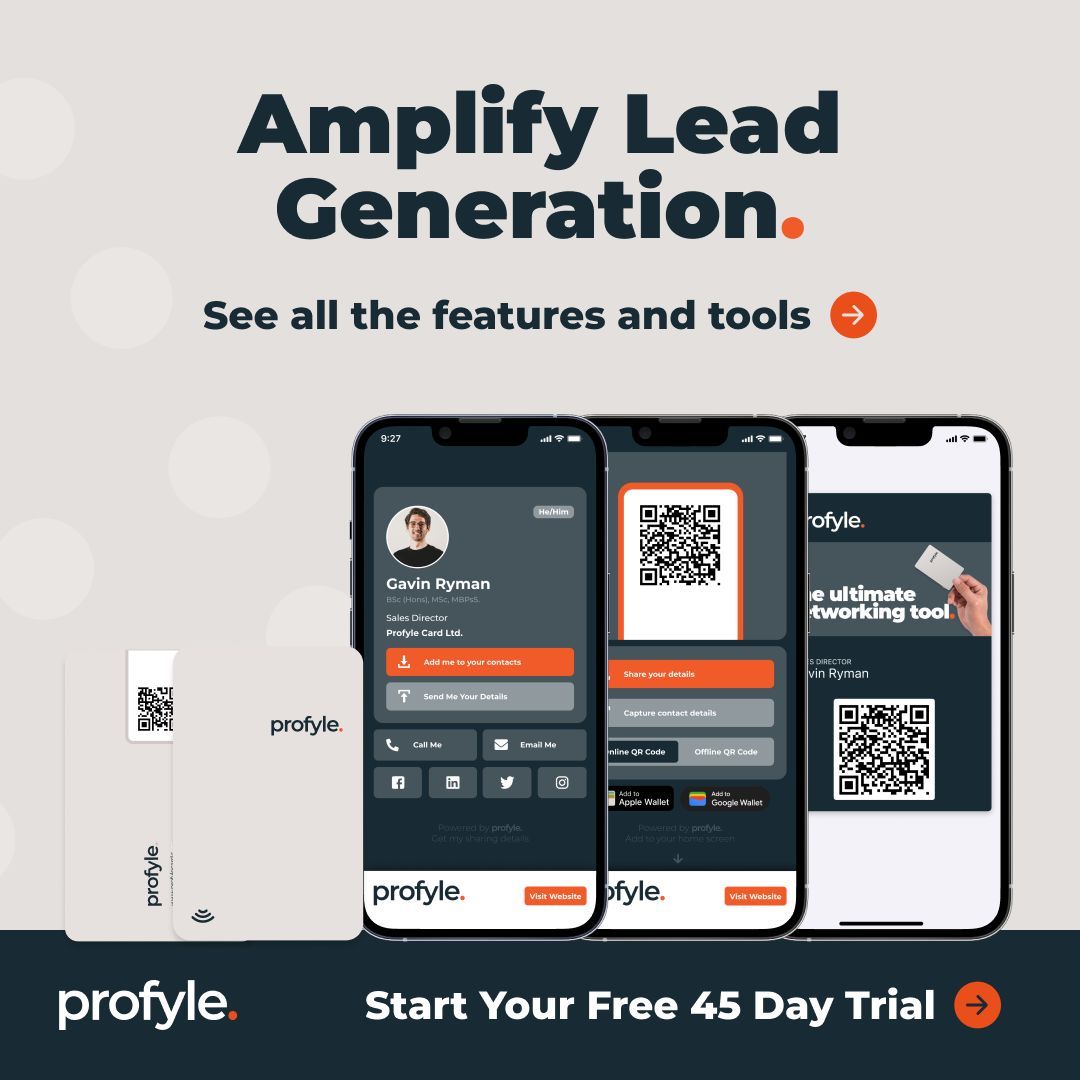 profylecard's tweet image. Amplify your lead generation with Profyle Card! 🚀 Explore advanced tools that enhance your networking and boost your leads. Start your Free 45-Day Trial now at go.profyle.cards/QrTgsw #LeadGeneration #Networking #ProfyleCard