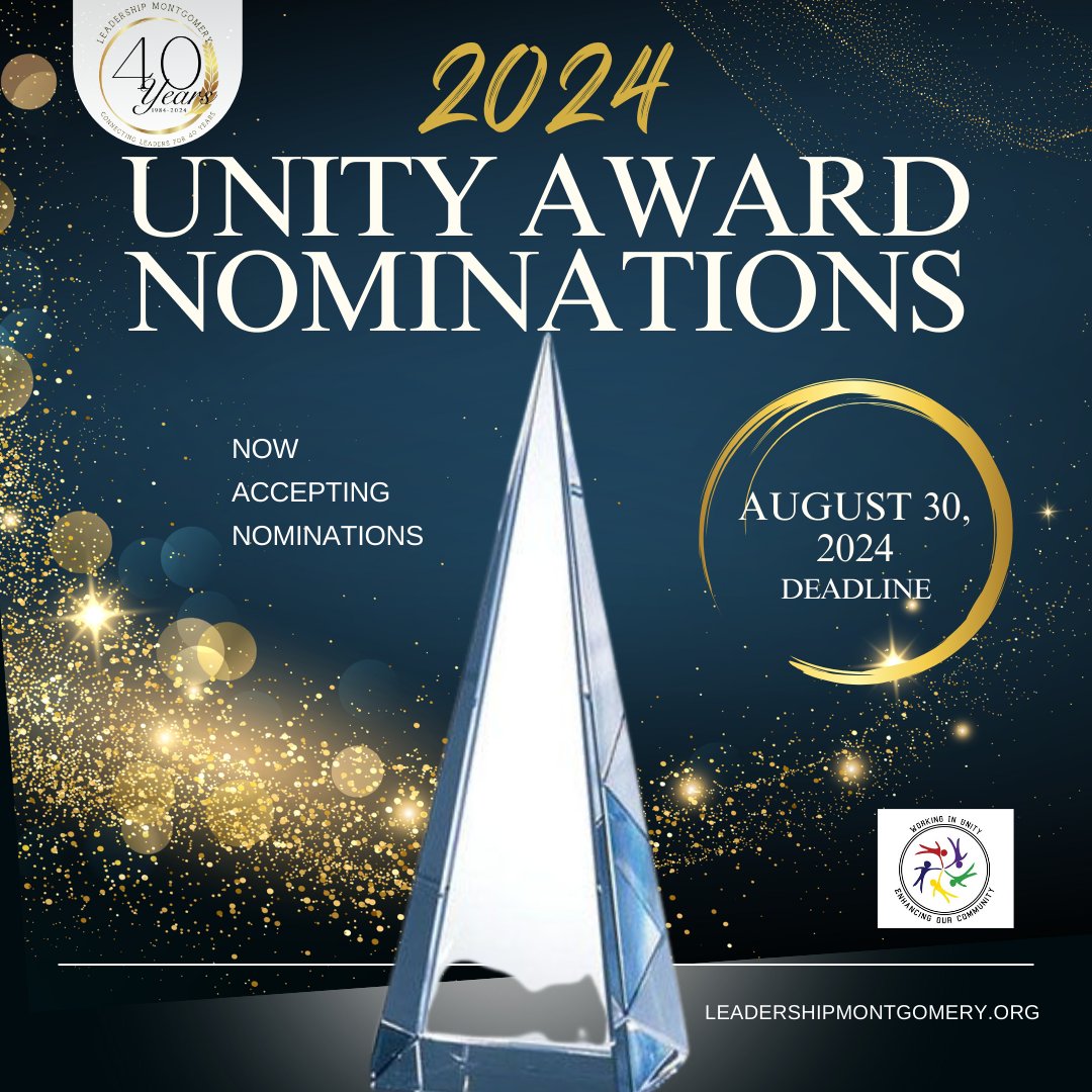 Open Call for Unity Award nominations!!
Send in a nomination for the Unity Award TODAY! 
Complete the nomination form and email to cheryl.johnson@leadershipmontgomery.org by 3pm, Friday, August 30, 2024.

drive.google.com/drive/folders/… 

#LeadershipMGM
#connectingleaderstoeffectchange
