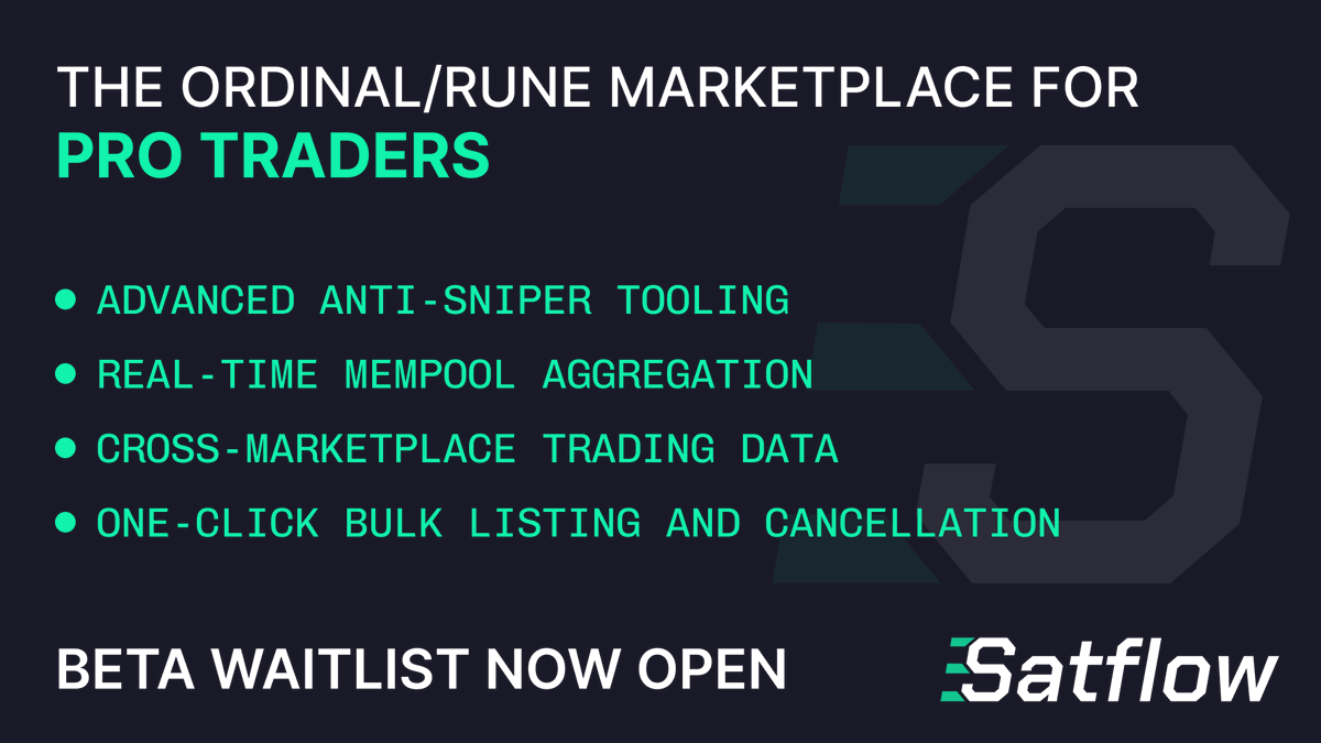 Satflow's tweet image. Introducing the Satflow Beta: access the first pro trading platform for Bitcoin Ordinals and Runes.

Check the end of the thread for details on getting an invite 👇