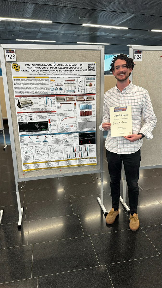 WyattShieldsIV's tweet photo. Congratulations to Shields Lab member Cooper Thome for winning the Chemical and Biological Microsystems Society best oral presentation award in Stockholm this week at Acoustofluidics. A rapid and acoustically driven biosensor device coming soon to a journal near you! 👀🌟 https://t.co/kU1aznZu6e