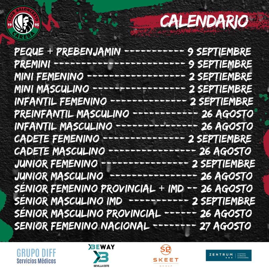 ¡Comienza la temporada! Estás son las fechas en las que comienza cada categoría, la temporada 2024/25 ya está aquí

#SomosCareba