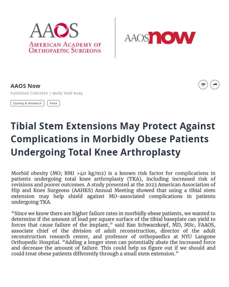 NYUARResearch's tweet photo. Congratulations to Dr. Schwarzkopf (@MdSchwarzkopf) and team for a full-page feature in AAOS Now (@aaos_1) talking about tibial stem extensions in patients with morbid obesity! Link below to check it out! #aaos #adultreconstruction #orthoresearch https://t.co/d9sDWe8Jm4 https://t.co/p7lZAknf7d