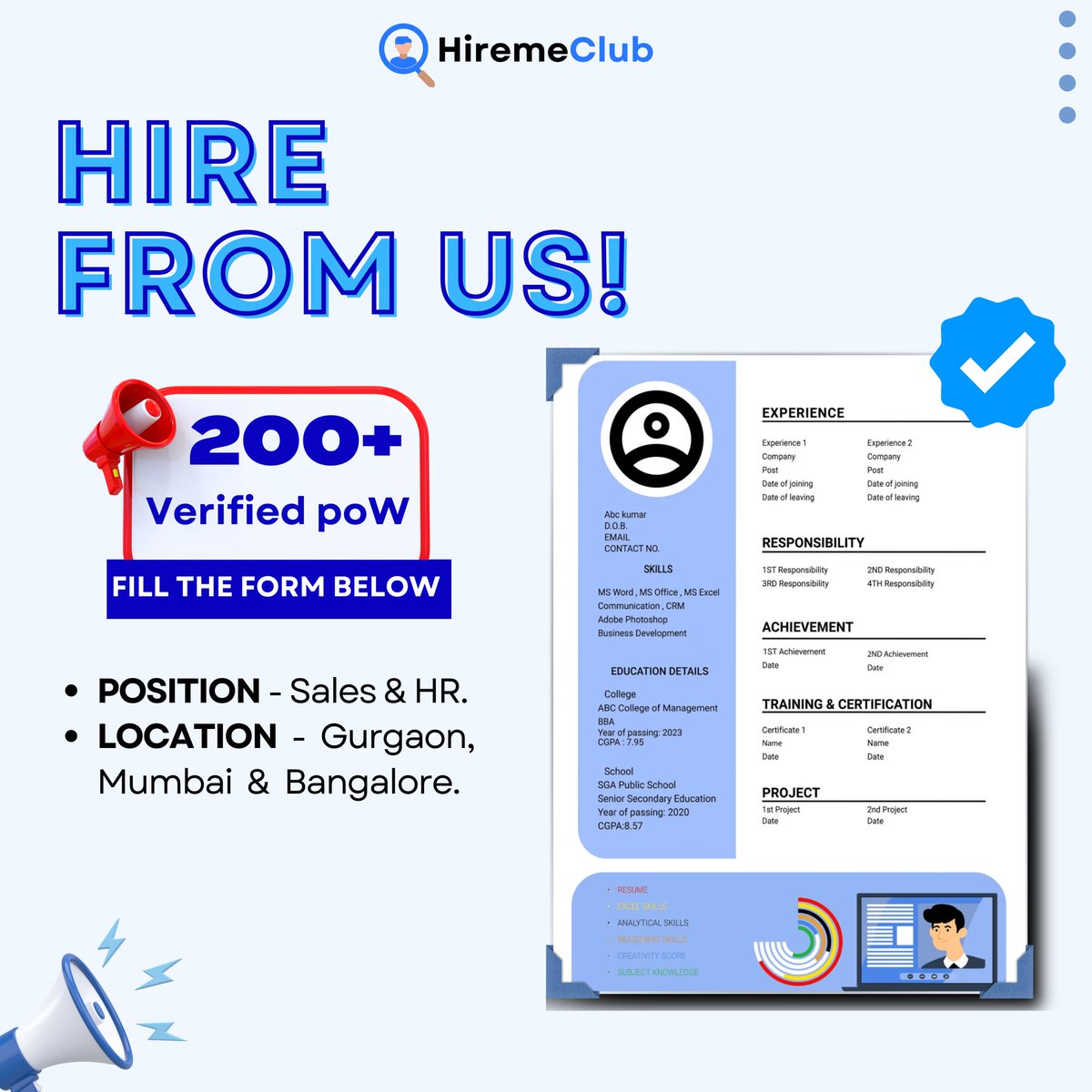 HiremeClub's tweet photo. Hire from @HiremeClub 

We have successfully verified 200+ PoW for Sales &amp; HR in Gurgaon , Mumbai &amp; Bangalore.

If you want to hire for Sales &amp; HR role in these location. Fill this form,  our team will reach out to you :- https://t.co/isyLwQFR6e

#hiring #sales #hr https://t.co/4ntkXgPMmS