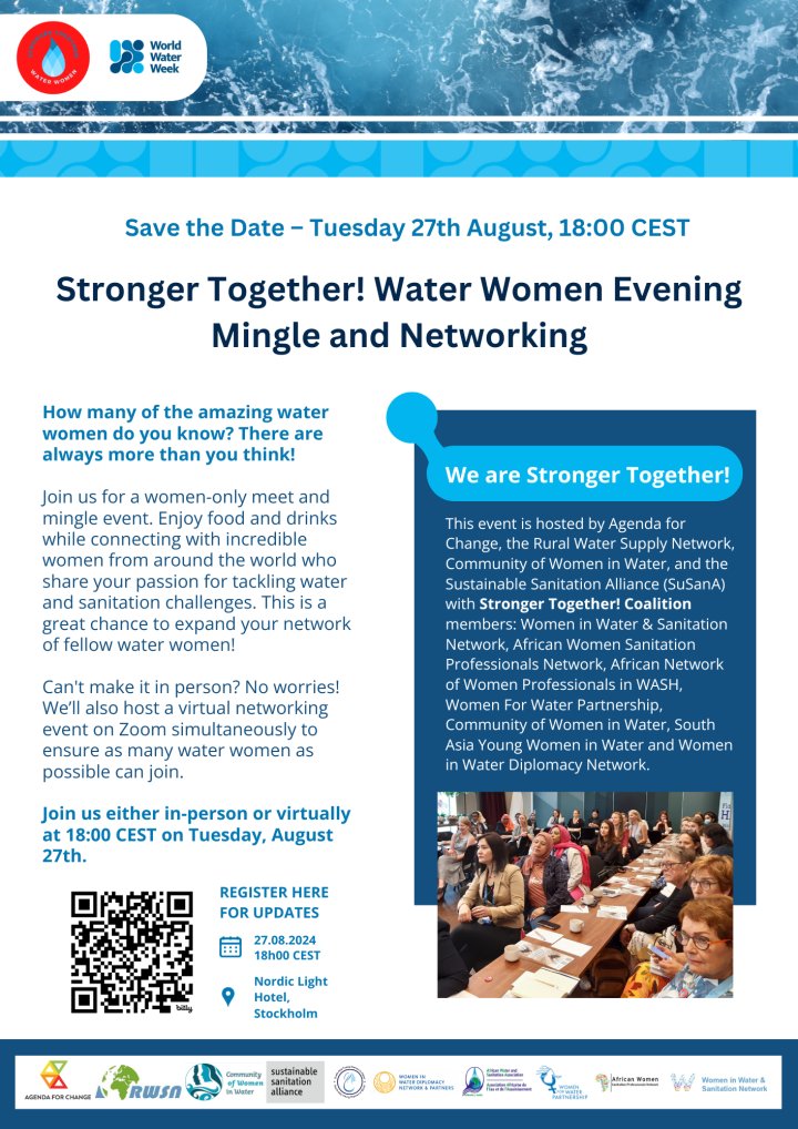 🚺 Have you registered yet for the 2024 Stronger Together! Women’s Mingle? 🚺🌍 

📅 27 Aug 2024
🕒 16:00 UTC / 18:00 CEST
📍 Nordic Light Hotel, Stockholm &amp; on Zoom!💻

Hosted by <a href="/AgendaforChange/">Agendaforchange</a>, @RWSN_RuralWater, <a href="/SuSanA/">suzy</a>, and more!

Register now! 👇cwiw.org/events/24augwo…