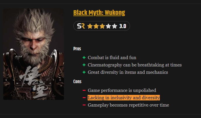 lmao at this screenrant review. A game with a billion species of creatures, gods and a monkey as a protagonist....doesn't have enough "diversity"....the reviewer probably wanted a different kind of diversity 🤣