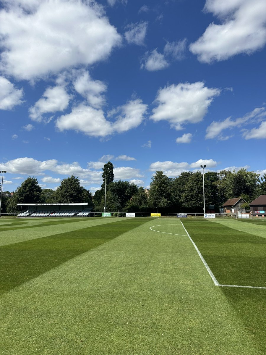 joeeemdavis's tweet photo. Nearly ready for the @EmiratesFACup tomorrow, run over it again in the morning to freshen it up. She’s struggling with the heat and lack of rain but my homemade over night irrigation is just about doing the job! #UpTheFields https://t.co/Q14ZXmdzXX