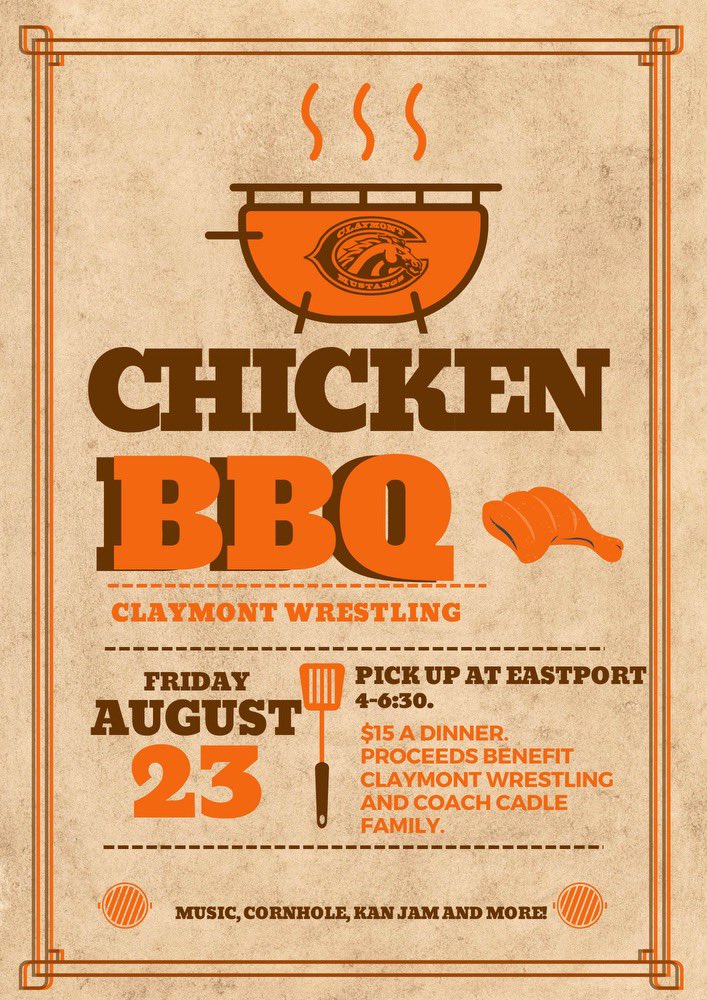 ClaymontWrestl1's tweet photo. Mark the day!
Join us for a tailgate before the @ChsFootball922 team gets in action against Harrison Central.
You can get a dinner ticket from a Wrestling Coach or get it the day off.
300 🍗 are being sold!
#attitude #effort #STANGS #FightTogetherWinTogether
@ClaymontAD https://t.co/e2ac39wCUj