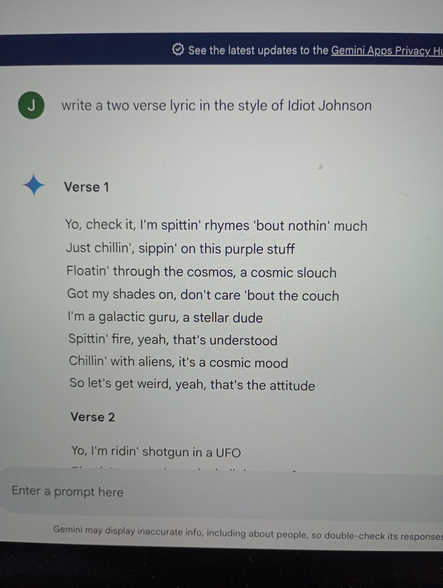 idiotjohnson's tweet photo. Trying out Gemini, Google's AI thingy. I think the game is up for delicate artistic souls like me. https://t.co/tiDbYPi4sa