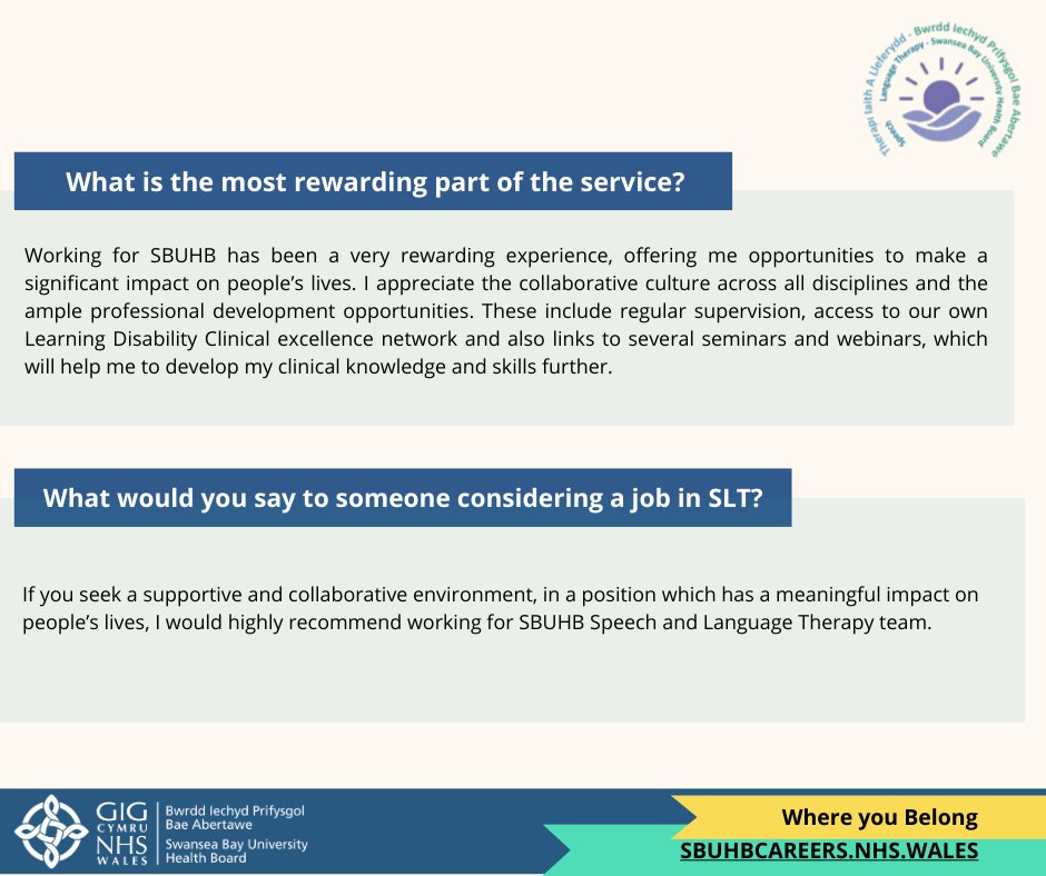 Adult Speech and Language Therapy are now recruiting!

Ever wondered what it’s like to be a Speech and Language Therapy assistant working in SBUHB?

Take a look at the below case study to find out.

To apply, click here: sbuhbcareers.nhs.wales/healthcare-sci…