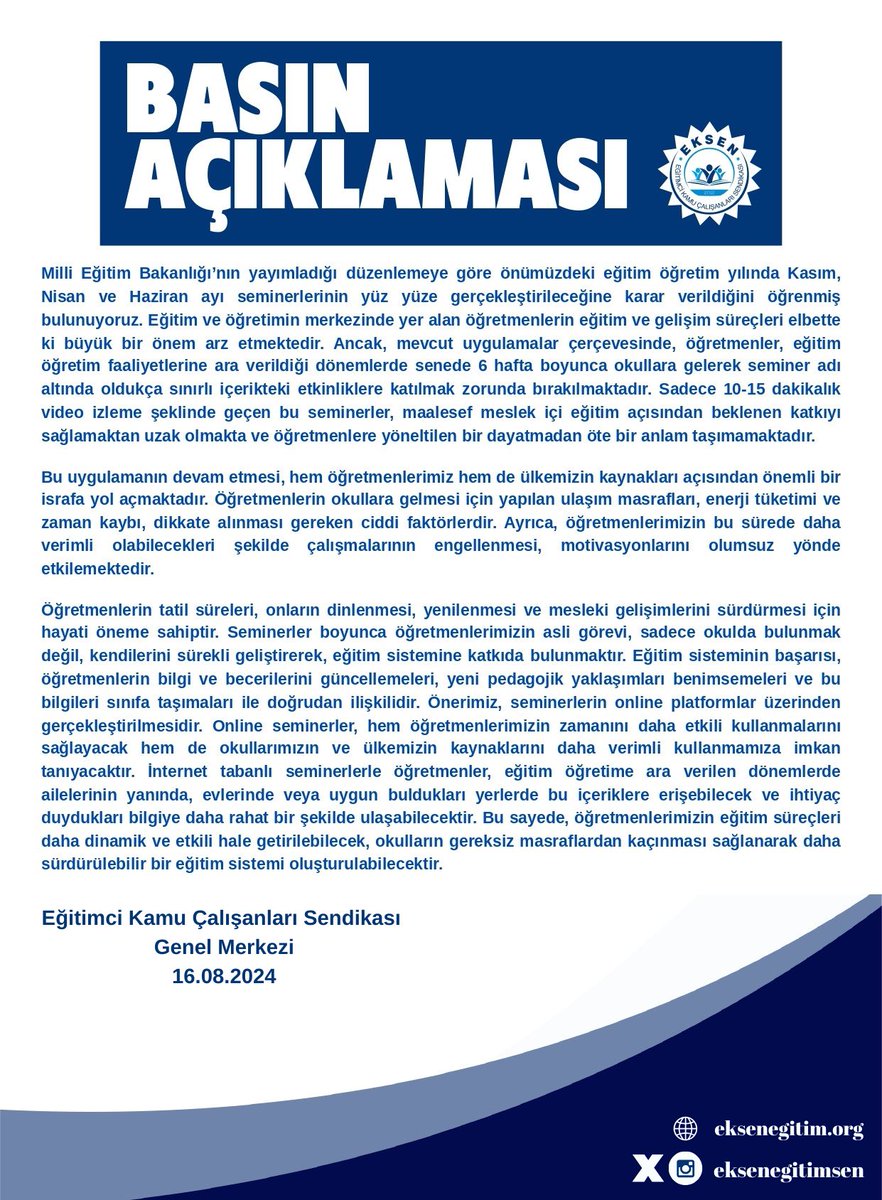 Milli Eğitim Bakanlığı’nın yayımladığı düzenlemeye göre önümüzdeki eğitim öğretim yılında Kasım, Nisan ve Haziran ayı seminerlerinin yüz yüze gerçekleştirileceğine karar verildiğini öğrenmiş bulunuyoruz. Eğitim ve öğretimin merkezinde yer alan öğretmenlerin eğitim ve gelişim