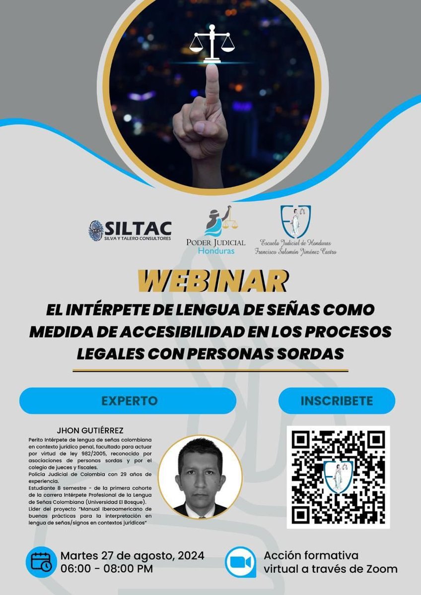 📢 *Invitación Especial de SILTAC* 📢

¡No te pierdas nuestro próximo webinar sobre un tema crucial! 🎓

*Webinar: El Intérprete de Lengua de Señas como Medida de Accesibilidad en los Procesos Legales con Personas Sordas*

🔗 *Inscríbete ahora:* 
forms.gle/kN3ds1rgm2tb4y…