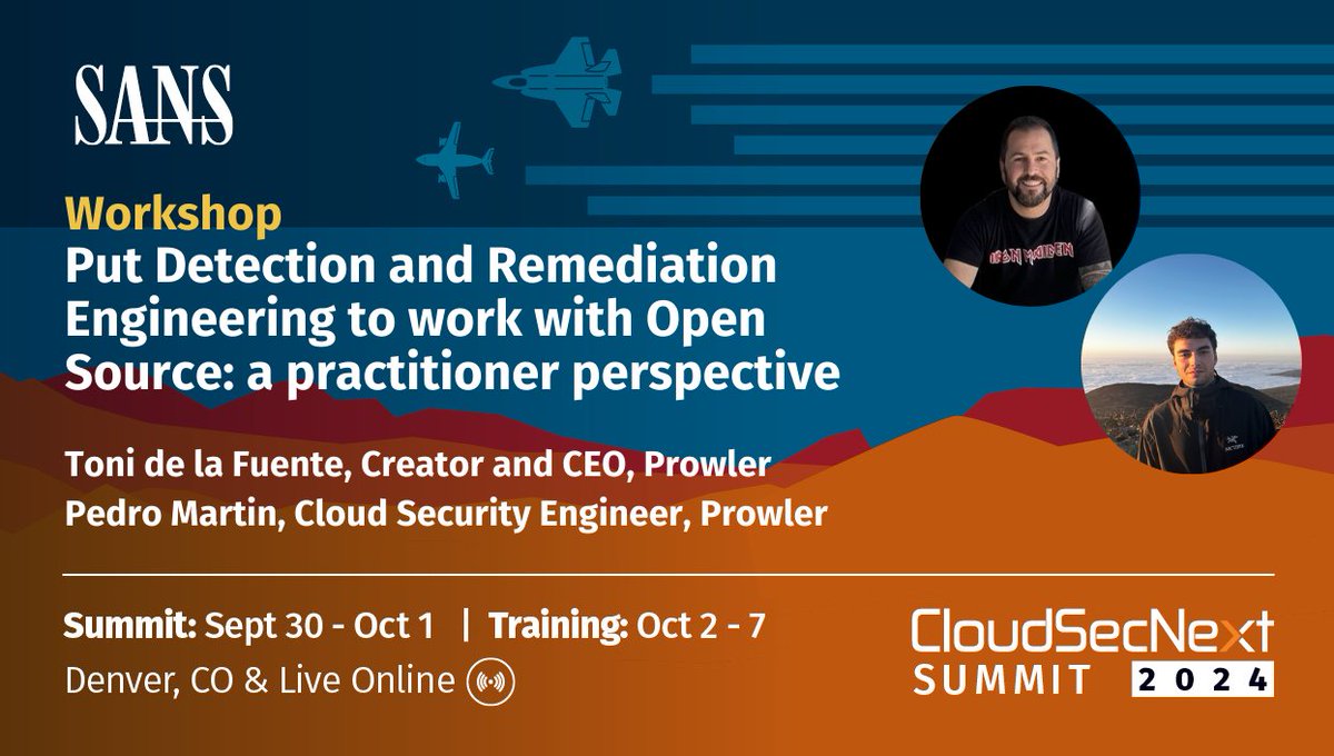 At #CloudSecNextSummit, <a href="/ToniBlyx/">Toni de la Fuente</a> and Pedro Martin will share the tools to get #CloudSecurity up and running and under control at your organization in this workshop (exclusive to in-person attendees).

Secure Your Spot | Sept 30-Oct 1: sans.org/u/1uDe