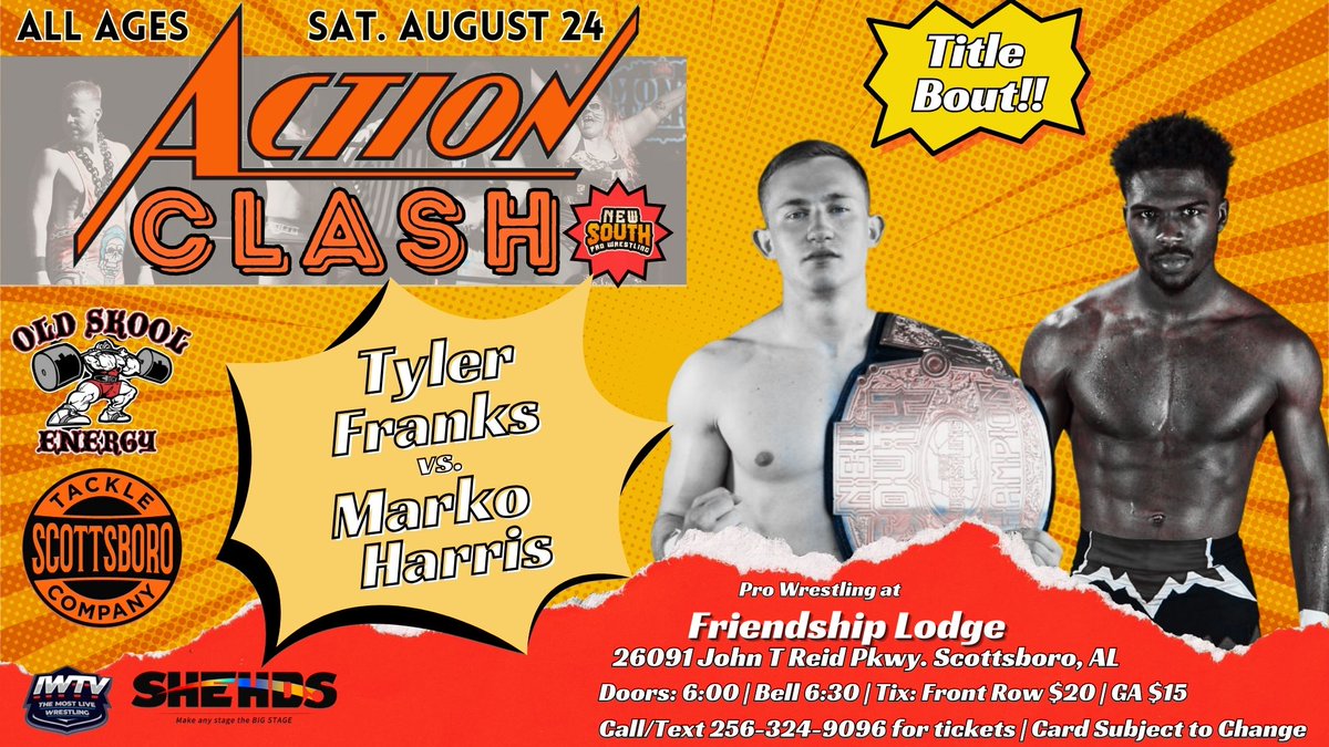 NewSouth_PW's tweet photo. Saturday Night AUGUST 24th we return to the FRIENDSHIP LODGE in Scottsboro AL for an ALL AGES night of the #BestInTheSouth
⏰Special Star Time 630pm Central
💰FRONT ROW 20$
💰GENERAL ADMISSION 15$
Young rookie upstart, Marko Harris receives the opportunity of a lifetime when he gets to go one with the @NewSouth_PW champion "All Business" @ab_tfranks
FRONT ROW SOLD OUT
Get Your Tickets NOW!