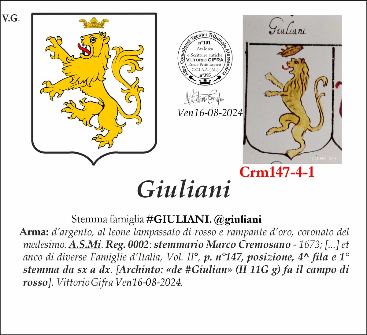VGIFRA's tweet photo. Stemma famiglia #GIULIANI. @giuliani
A.S.Mi. Reg. 0002: stemmario Marco Cremosano - 1673; [...] et anco di diverse Famiglie d’Italia, Vol. II°, p. n°147, posizione, 4^ fila e 1° stemma da sx a dx. [Archinto: «de #Giulian» (II 11G g) fa il campo di rosso]. Vittorio Gifra https://t.co/usaWufd2M7