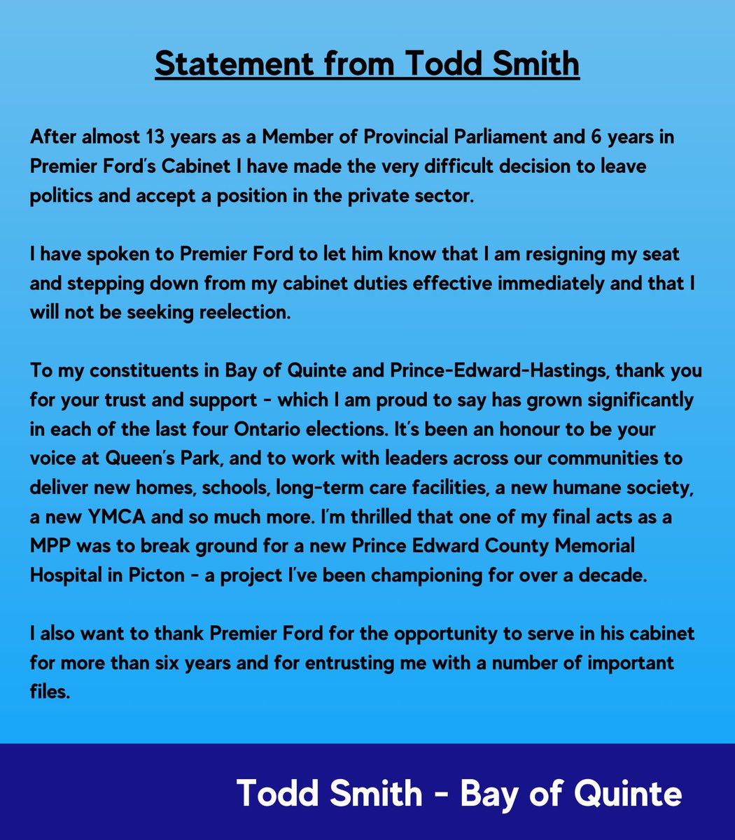 ToddSmithCANDU's tweet image. The last 13 years serving the people of Bay of Quinte and Prince-Edward-Hastings have been the honour of a lifetime. 

Please see my statement below.