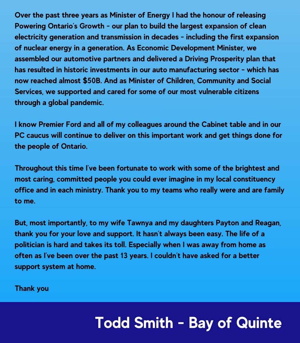ToddSmithCANDU's tweet image. The last 13 years serving the people of Bay of Quinte and Prince-Edward-Hastings have been the honour of a lifetime. 

Please see my statement below.