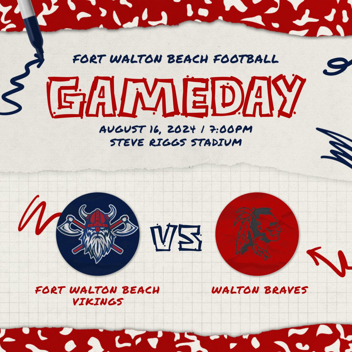 FWB_FB's tweet photo. Kickoff classic game tonight vs Walton at Steve Riggs stadium 7:00 pm kickoff. Come out and support your Vikings!
#VAKA #SAILwithVIKINGS #FDUB #RISEasONE 🤘🏼😤🤘🏼 https://t.co/R5PhpKaq7d