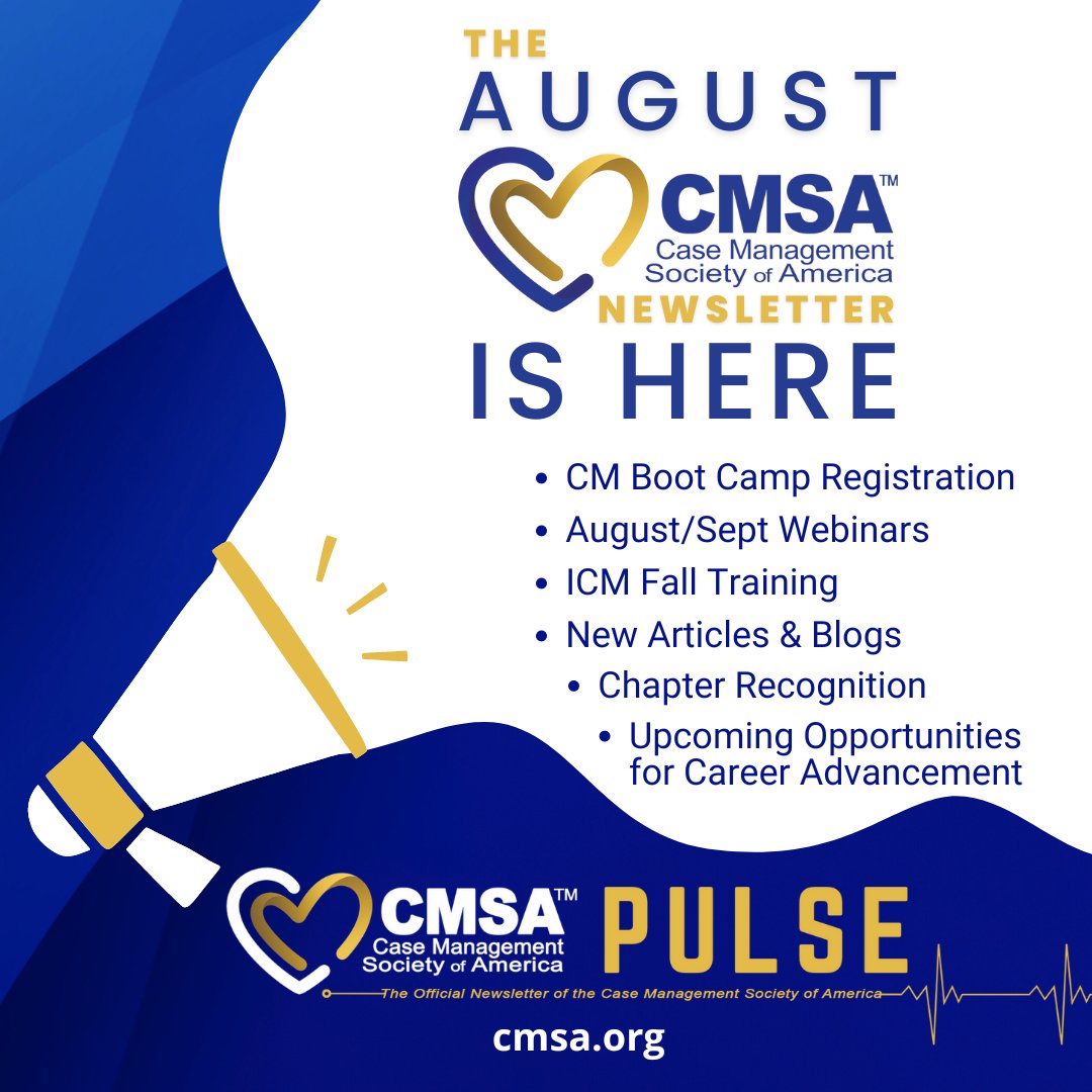 CMSANational's tweet image. August #CMSAPulse Newsletter Alert! 🔗bit.ly/CMSAPulseAug20…
- Don’t miss CM Boot Camp in Nashville
- Aug/Sept Webinars ( FREE to members)
- ICM Training (the gold standard!)
- New Articles/Blogs
- Celebrating CMSA Chicago
- Career Advancement Opportunities
#CMSA #CaseManagement