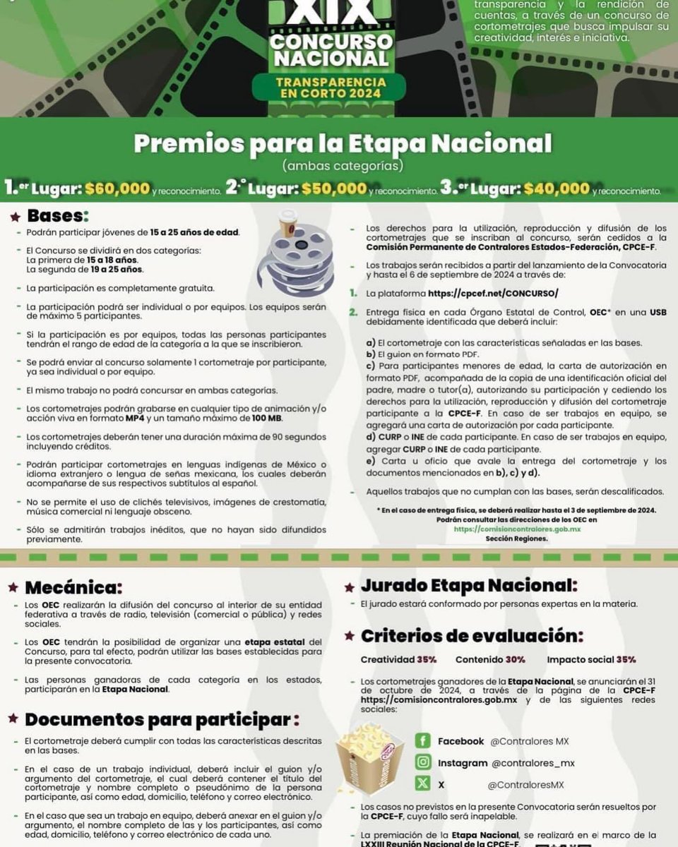 Participa, XIX edición del Concurso Nacional #TransparenciaEnCorto 2024 “Uso de las tecnologías de la información y su impacto en la cultura de la transparencia y la rendición de cuentas”.
Bases: cpcef.net/CONCURSO/
Dudas:dgtg.transparencia@hidalgo.gob.mx 
#AviéntateloEnCorto