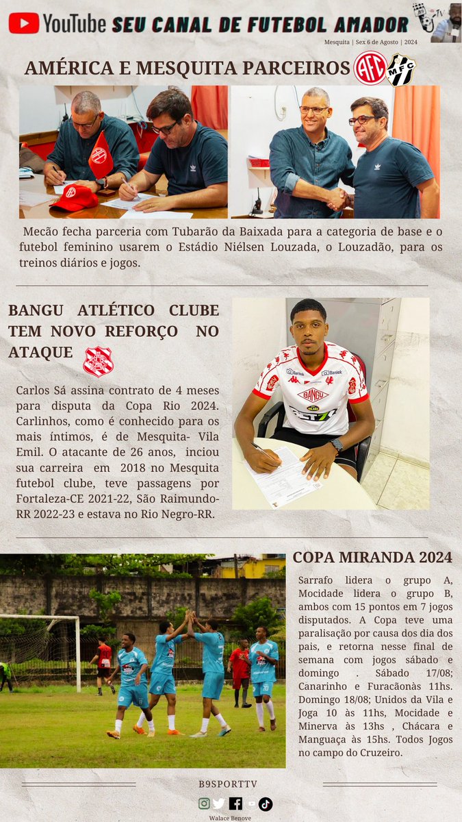 Giro de notícias da B9 📰 
- Mesquita fecha parceria 
- Bangu tem novo reforço 
- Copa Miranda