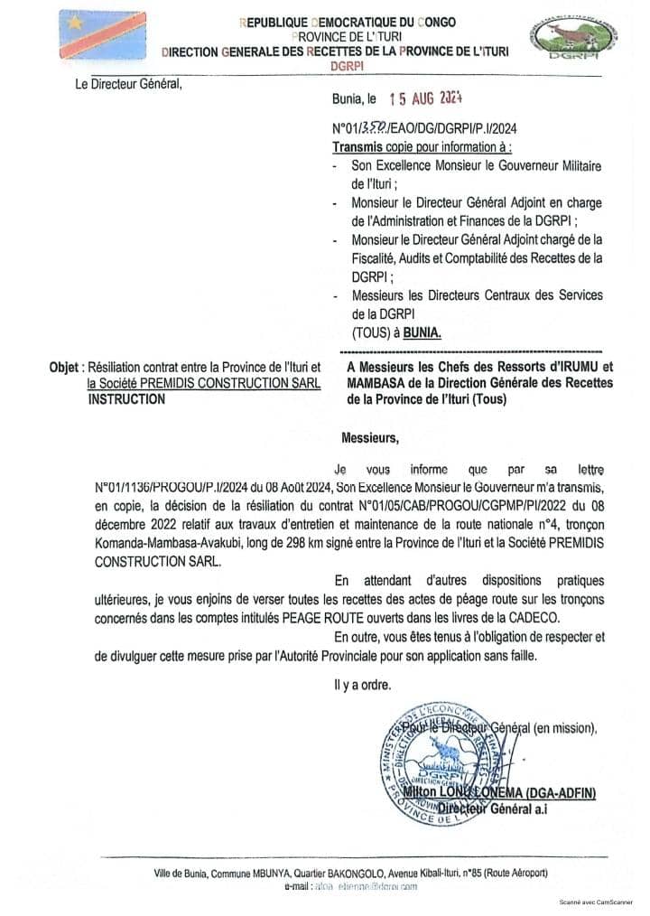acprdcongo's tweet photo. #RDC : La Direction générale des recettes de la province de l'Ituri (#DGRPI), dans le nord-est de la République démocratique du Congo, a résilié le contrat avec la société Premidis constructions Sarl relatif aux travaux d'entretien et maintenance de la Route nationale n°4 (RN 4), du tronçon Komanda-Mambasa-Avakubi, long de 298 km, a annoncé la DGRPI dans un communiqué parvenu vendredi à l'#ACP.