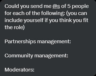 We have contacted with a client and looking for these builders: 

- 5 Partnership Manager
- 5 Community Manager
- 5 Moderator

If you are interested drop your CV and please follow <a href="/proactiv3_/">PROACTIV3</a> to be considered. 

Happy friday PROACTIV3 fam 🫡