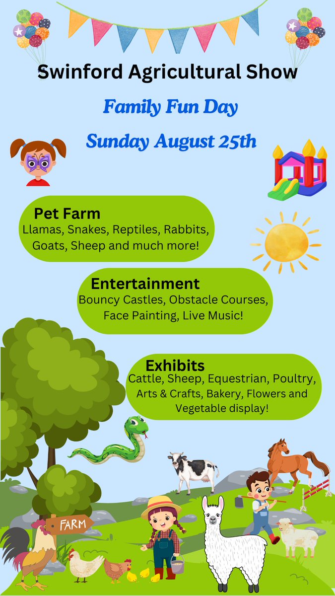Swinford_Show's tweet image. Lots of family entertainment on the day of Swinford Agricultural Show. Pet Farm, Bouncy Castles, Face Painting live music and much much more. A day for all the family not to be missed! #Swinford #Agrishow #Mayo