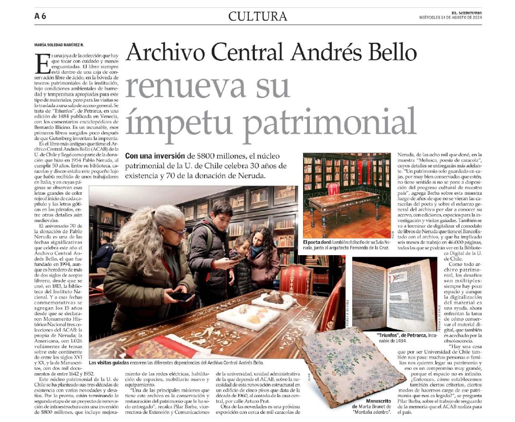 📜En el marco del 30° <a href="/Archivo_Bello/">Archivo Central Andrés Bello</a> 

Destacamos la nota realizada por <a href="/laterceracom/">La Tercera</a>: <a href="/Archivo_Bello/">Archivo Central Andrés Bello</a>  RENUEVA SU ÍMPETU PATRIMONIAL😊

✨Te invitamos a conocer la historia y colecciones del Archivo Central Andrés Bello en su sitio web ➡archivobello.uchile.cl