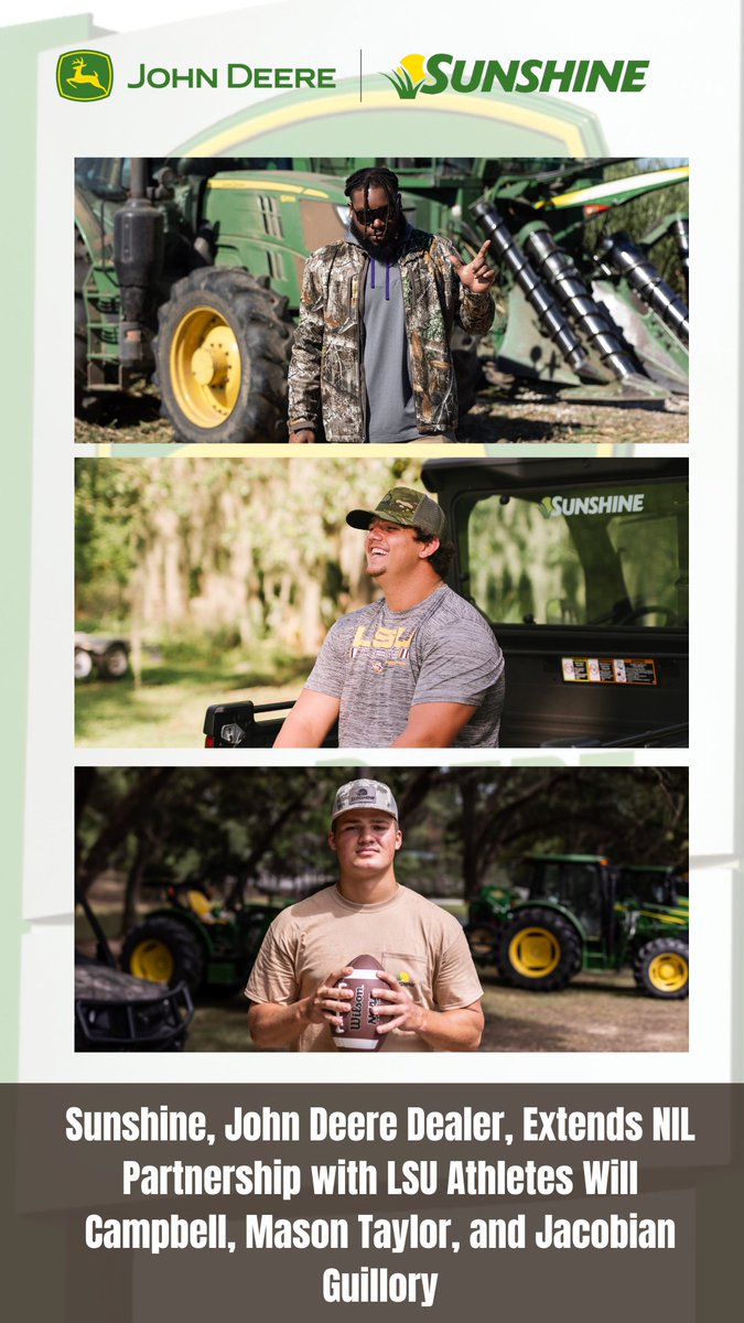 LSU players Will Campbell, Mason Taylor and Jacobian Guillory have re-signed NIL deals with the John Deere dealer Sunshine Quality Solutions.

on3.com/nil/news/will-…