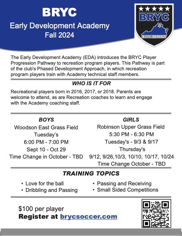 Let BRYC Early Development Academy (EDA) help kick start your players love for soccer.  EDA is a great way for young players to learn technical skills from BRYC Academy technical staff.
 For more information, visit our website at brycsocer.com
#BRYC #bleedblue📷 #EDA