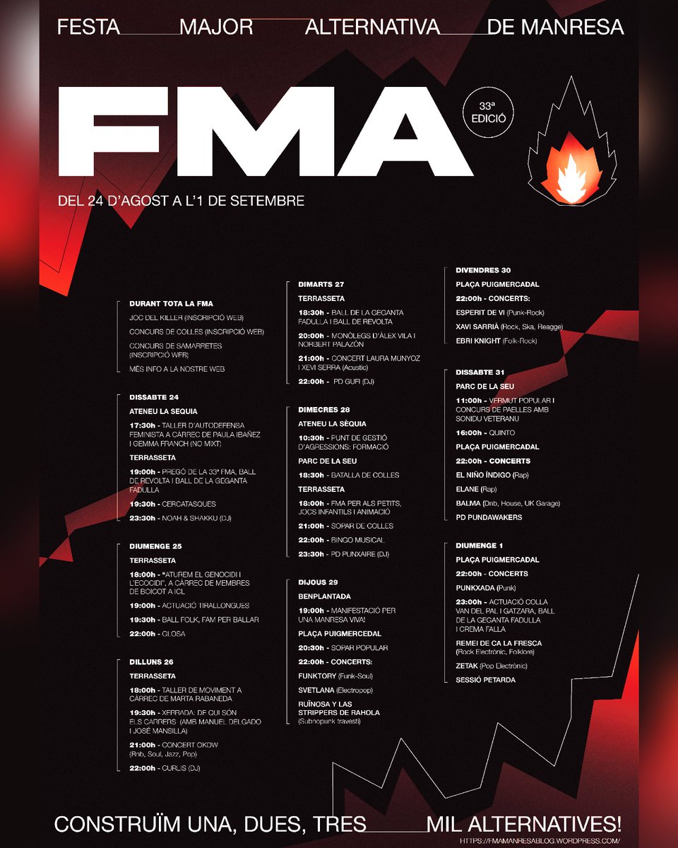 La 33a Festa Major Alternativa ha arribat🤩♥️ Del 23 d'agost a l'1 de setembre tornarem a omplir les places i gaudirem de l'Alternativa un any més!🔥