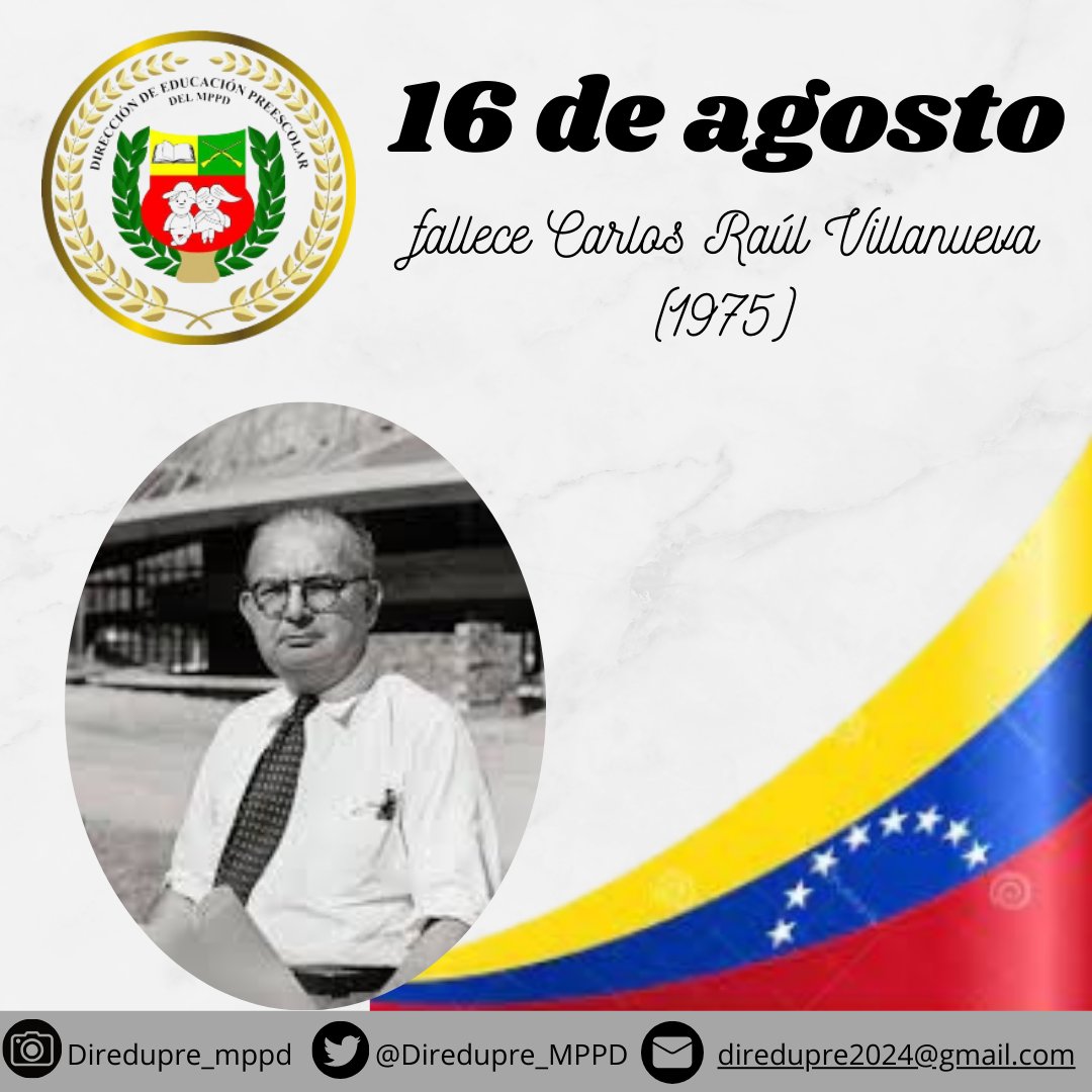 #Hoy ||#16agosto🌍✨ recordamos al gran arquitecto y urbanista venezolano Carlos Raúl Villanueva. Su visión y talento transformaron el paisaje urbano del país, dejando una huella que perdura en nuestra cultura. ¡Siempre lo recordaremos! 
#MPPD 
#FANB