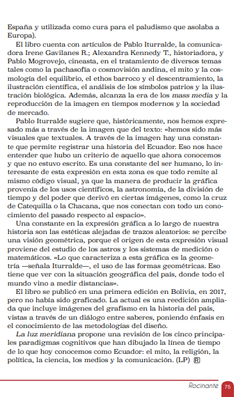 UDLAediciones's tweet photo. Agradecemos a la revista Rocinante por la reseña de nuestro libro "La luz meridiana. Conocimiento y comunicación visual en el Ecuador".

Recuerda que lo puedes encontrar en las siguientes librerías:
@EspanolaLib 
@LibreriaRayuela 
@FceEcuador 
 Librería The Owl https://t.co/tkwaslkX69