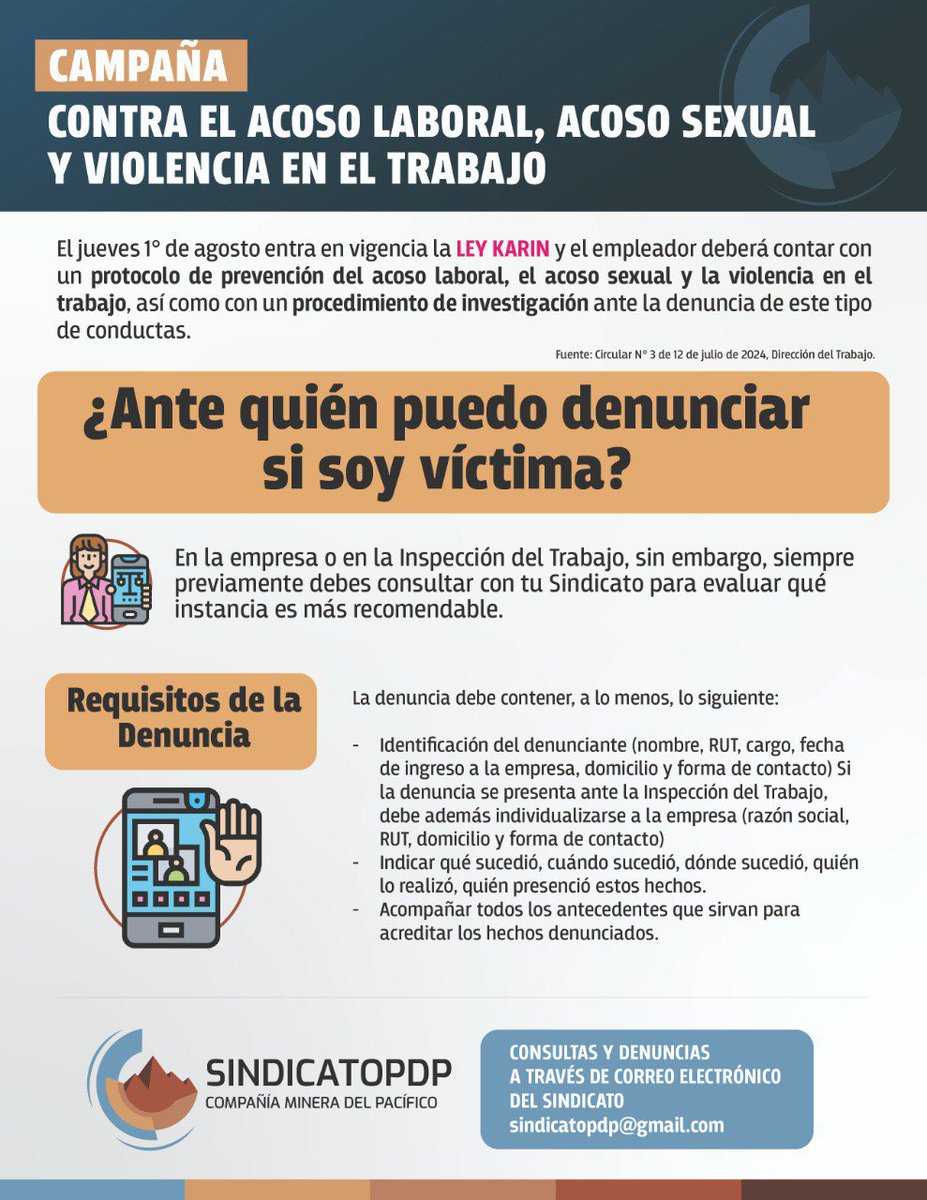 🚩 [CAMPAÑA] Ley Karin: Cómo se puede denunciar y cuáles son los requisitos de la denuncia. 

Comparte y ayuda a su difusión con tus equipos de trabajo.

Revisa la campaña completa en sindicatopdp.cl/2024/08/08/cam…