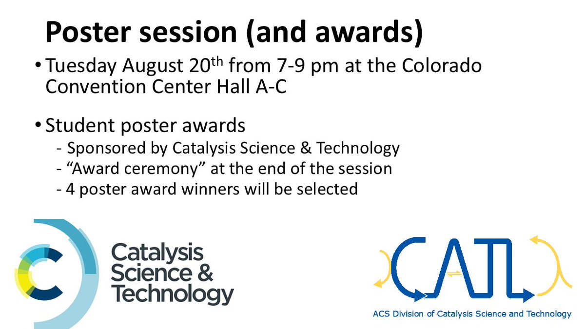 ACS CATL Division (@acscatldivision) on Twitter photo Join us Tuesday August 20th from 7-9pm in the Colorado Convention Center Hall A-C at the ACS Meeting in Denver for the CATL division Poster session sponsored by Catalysis Science & Technology <a href="/CatalysisSciTec/">Catalysis Sci & Tech</a>! Make sure to stay to the end for our Poster award ceremony! Join us Tuesday August 20th from 7-9pm in the Colorado Convention Center Hall A-C at the ACS Meeting in Denver for the CATL division Poster session sponsored by Catalysis Science & Technology <a href="/CatalysisSciTec/">Catalysis Sci & Tech</a>! Make sure to stay to the end for our Poster award ceremony!