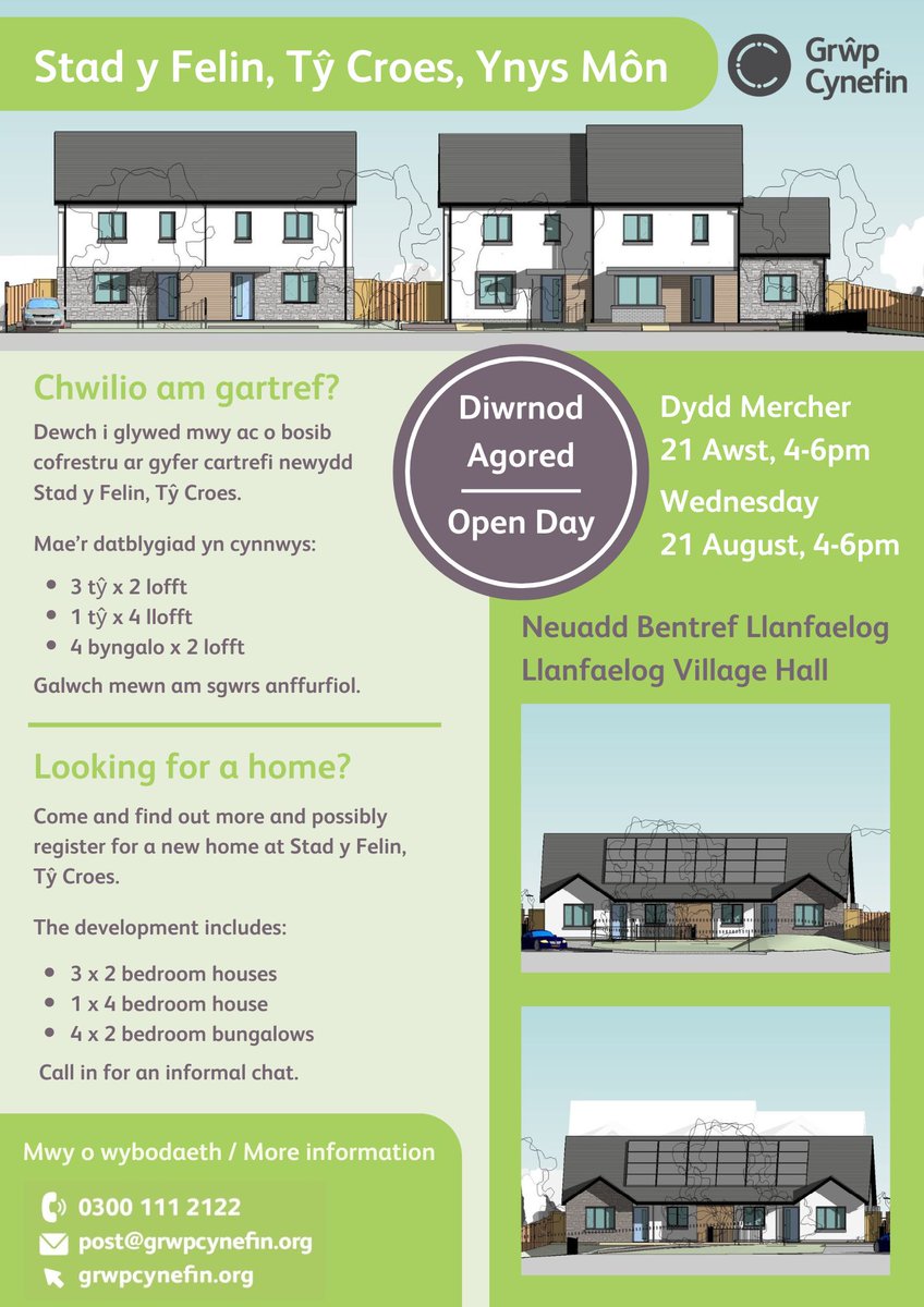🏠Eisiau gwybod mwy am ddatblygiad tai newydd Stad y Felin, Tŷ Croes, Ynys Môn?

Yna mae’r digwyddiad yma i chi!!
🔹 Diwrnod agored
📅 Dydd Mercher 21 Awst
🕐 4-6pm
📍 Neuadd Bentref Llanfaelog