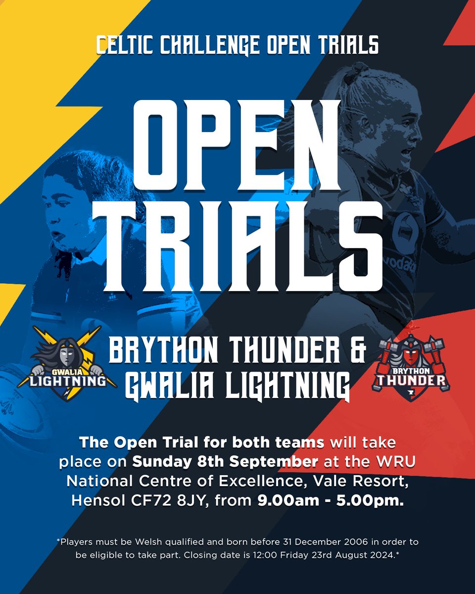 Mae Undeb Rygbi Cymru yn cynnal treial agored ar gyfer unrhyw un sy'n dyheu i chwarae dros Gwalia Lightning neu Brython Thunder yn yr Her Geltaidd y tymor hwn.  Manylion yma:

wru.wales/cy/2024/08/tre…