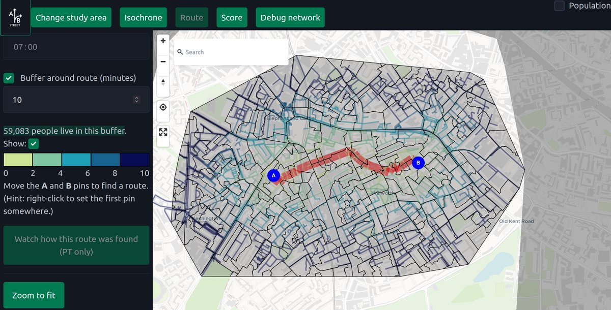 Dustin Carlino (@carlinodustin) on Twitter photo How much traditional #GIS analysis can happen totally in the browser, using #flatgeobuf, #rust, #wasm, #openstreetmap, and a new <a href="/turinginst/">The Alan Turing Institute</a> project for collating census data? This is output area-level population counts intersected with a 10min walking buffer around the red route How much traditional #GIS analysis can happen totally in the browser, using #flatgeobuf, #rust, #wasm, #openstreetmap, and a new <a href="/turinginst/">The Alan Turing Institute</a> project for collating census data? This is output area-level population counts intersected with a 10min walking buffer around the red route