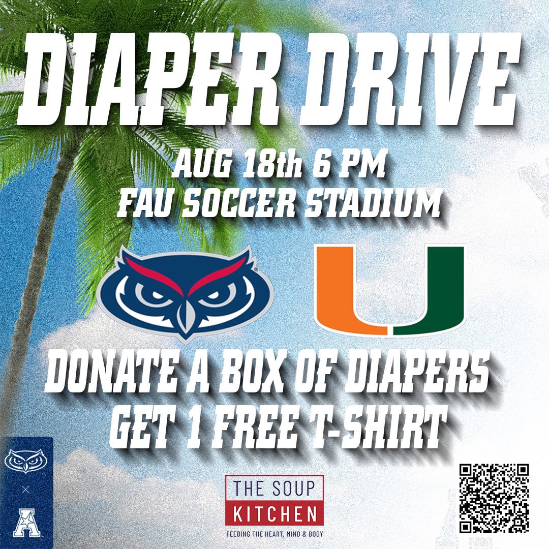 🚨ATTN OWL FANS!🚨 

This Sunday the Owls will face the Hurricanes at the FAU Soccer Stadium at 6 p.m. 

The Owls are holding a diaper drive for the The Soup Kitchen’s Taking Care of Our Babies program 

The first 100 to participate in the diaper drive will receive a 🆓 t-shirt!
