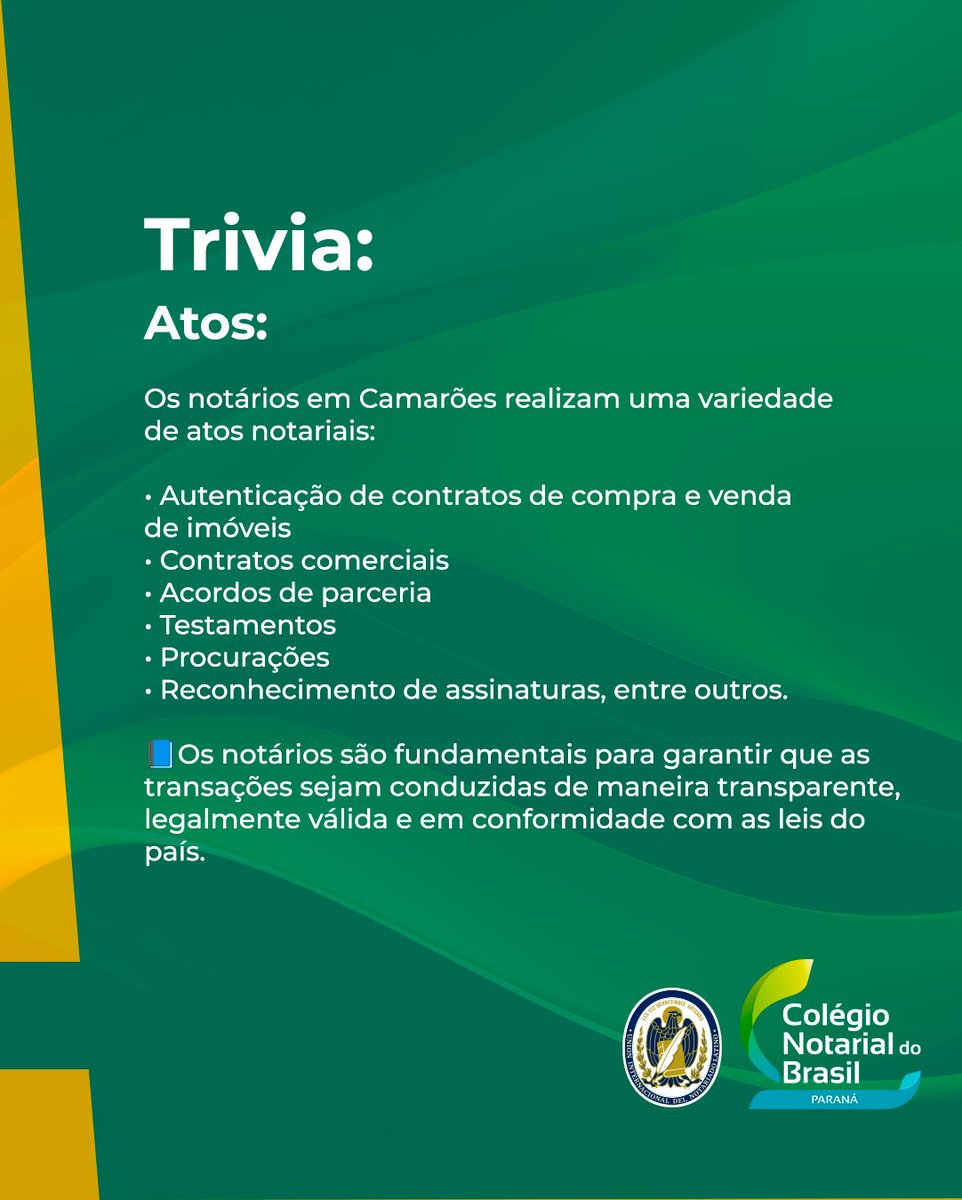 cnb_pr's tweet photo. NOTARIADO NO MUNDO🌍✨ 

Você sabia que os tabeliães estão presentes em mais de 90 países ao redor do mundo?🏛️🌏 

Embarque conosco em uma viagem até Camarões para desvendar os detalhes do sistema notarial desse país, repleto de história e tradição. 🇫🇷💼

#NotariosDoMundo https://t.co/dkJ8feOMx4