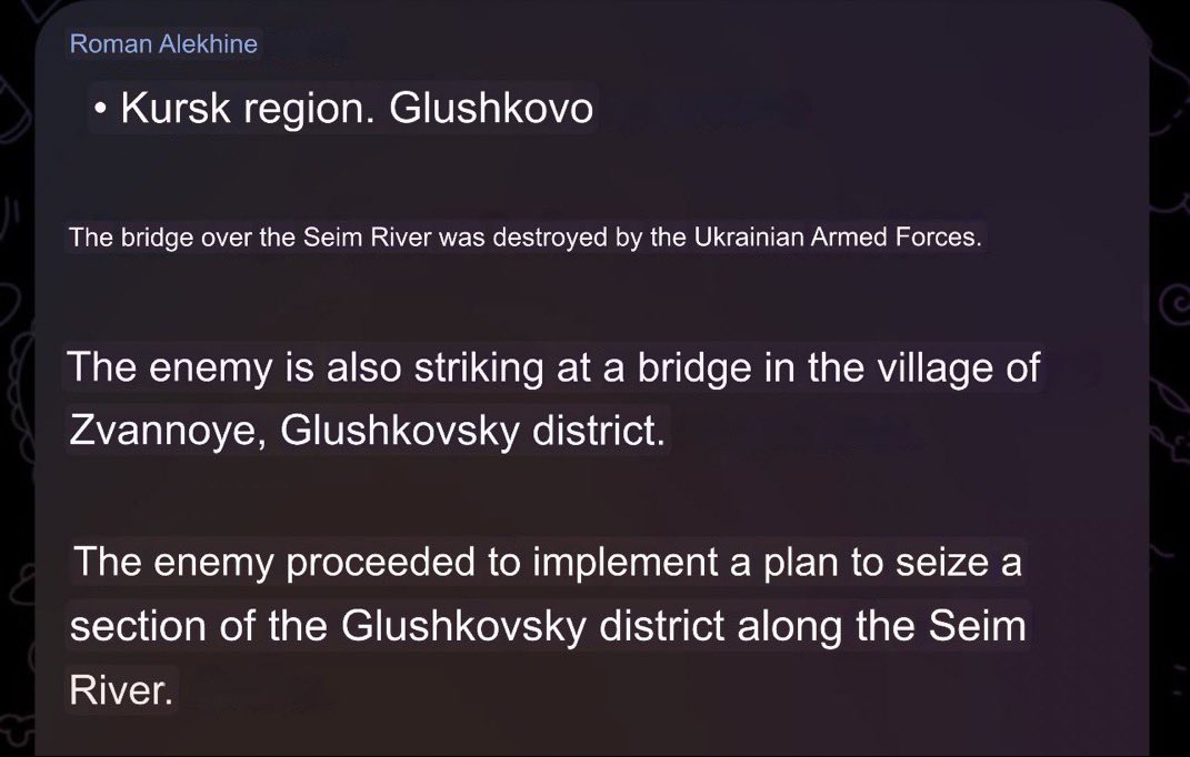 BrennpunktUA's tweet photo. #FrontUpdate Kusrk🇷🇺
Nach Angaben der Russen 🇷🇺 führt die AFU 🇺🇦 eine Offensive auf Glushkovo in der Region Kursk durch.
Die Schlüsselpunkte der Offensive sind die Brücken über den Fluss Seim. Einige von ihnen stehen bereits unter Beschuss.
#UPDATE: Die erste Brücke ist down💥 https://t.co/n3y1lFwk9n