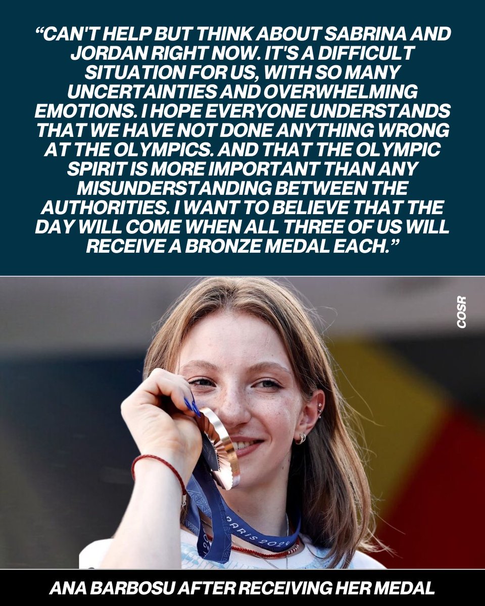 Gymnastics_Now's tweet photo. Romania’s Ana Barbosu making a statement of support for teammate Sabrina Maneca-Voinea and the U.S.’s Jordan Chiles upon receiving her Olympic bronze medal today.❤️

(📸: COSR)

#Paris2024 https://t.co/L8BLO4oq9c