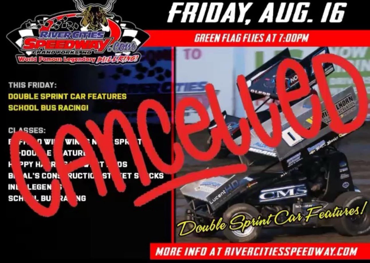 Mother Nature takes the win again. Due to recent rainfall, tonight’s August 16th show has been cancelled. 
Stay tuned for rescheduled make up features and bus races.