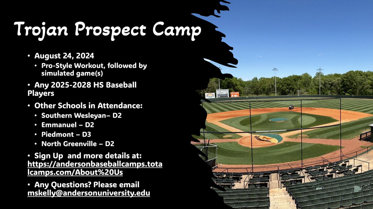 🚨10 spots left for Trojan Prospect Camp! 

Registration closes at midnight on Wednesday 8/21!!!

Sign up at this link:

andersonbaseballcamps.totalcamps.com/About%20Us